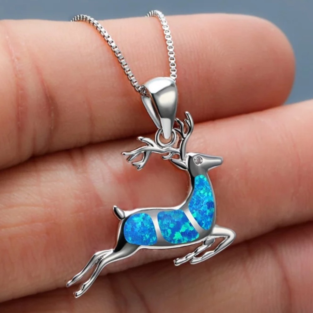 NEW SILVER CUTE DEER OPAL  NECKLACE